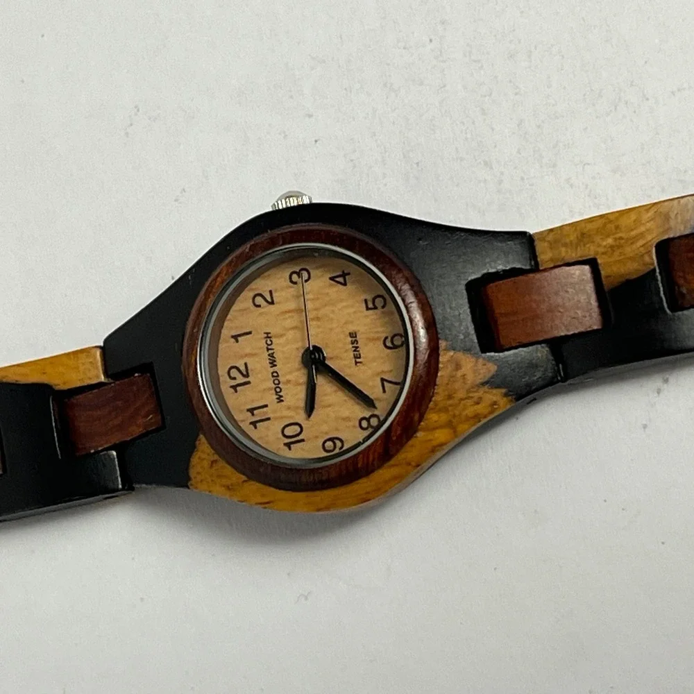 Tense Wood Watch Mens Multi Tone Wooden Link Bracelet Handcrafted Canada Non-Op